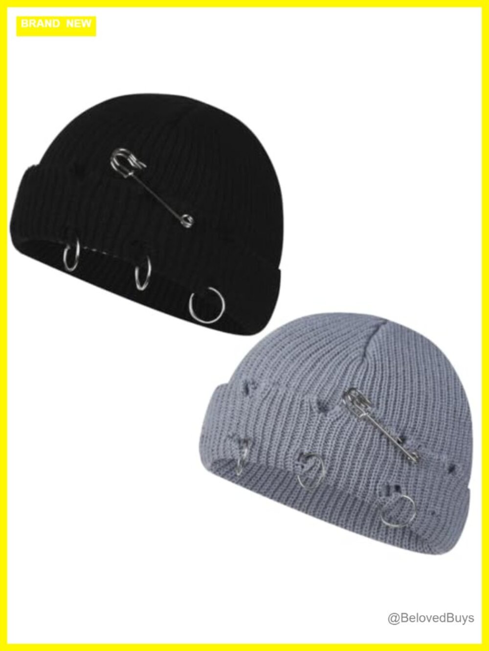 2Pcs Goth Beanie Distressed Ring Emo Punk Skull Cap Women Men Knit